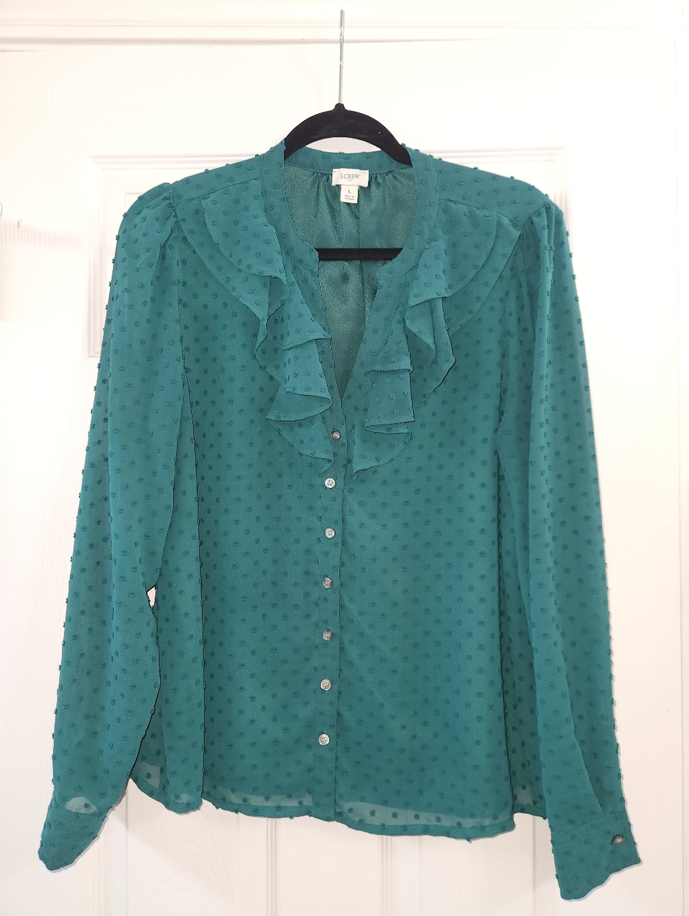 J. Crew Green Ruffle Dot Button-Front Blouse